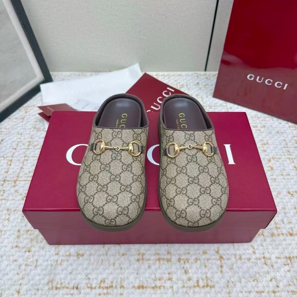 Gucci Beige and Brown Mules with Gold Accents - Picture 2 of 8